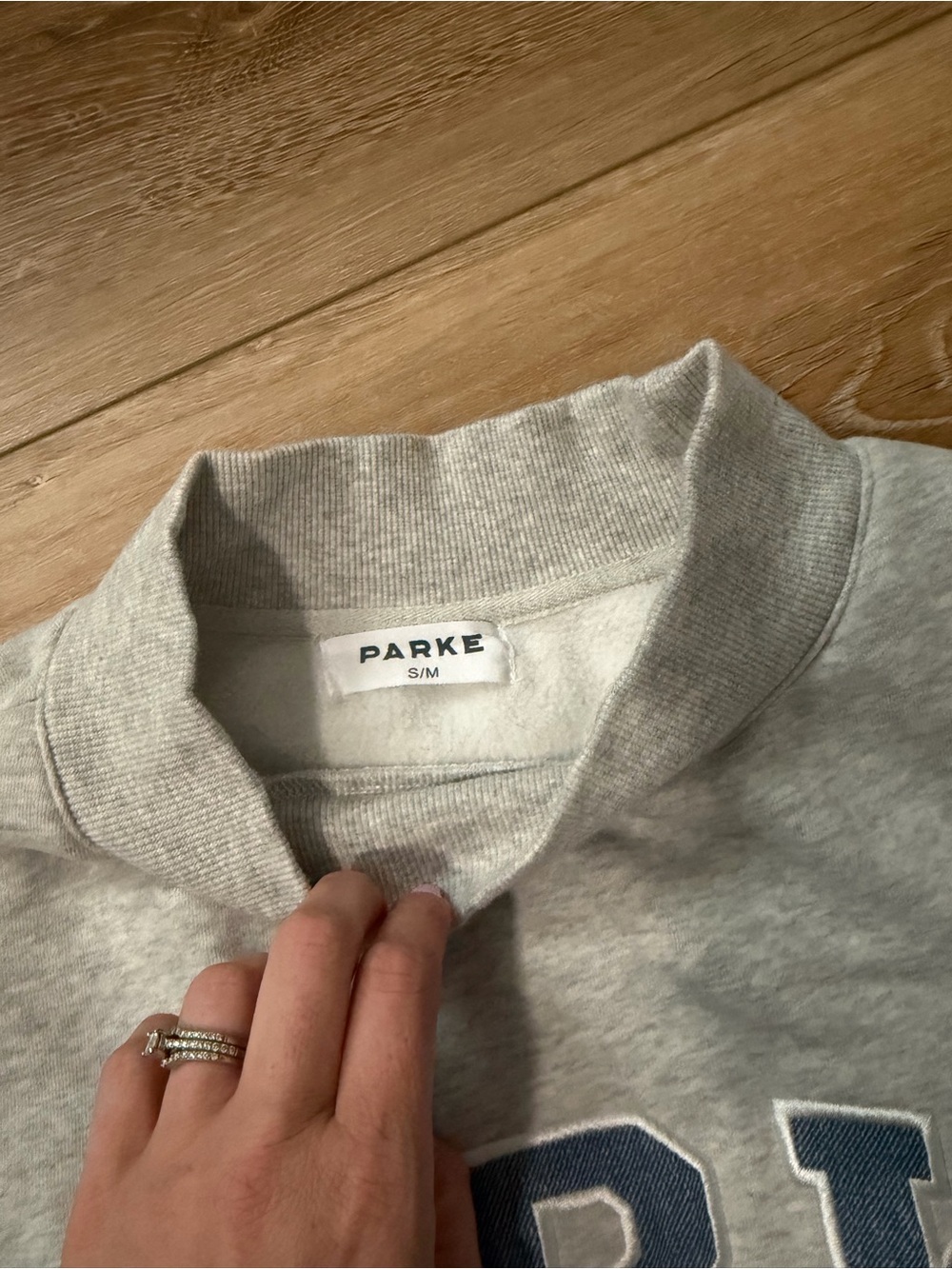 PARKE Light Gray Crew Sweatshirt with Denim Lettering - Picture 2 of 2